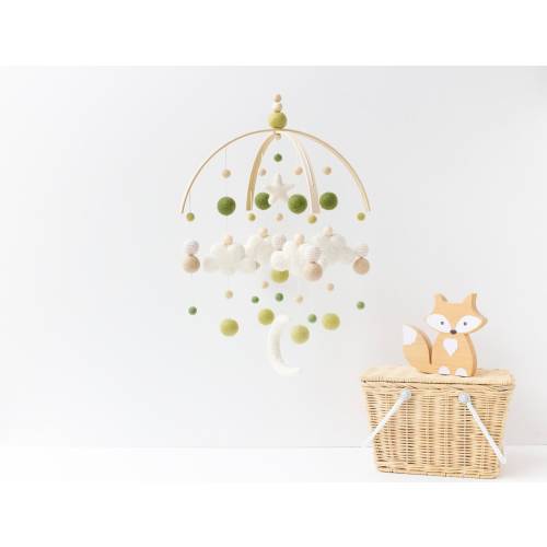 Sage Green and Beige Baby Mobile - Gender Neutral Felt Pom Pom Crib Mobile - Minimalist Boho Nursery Cot Mobile - Wooden Arch Ceiling Mobile