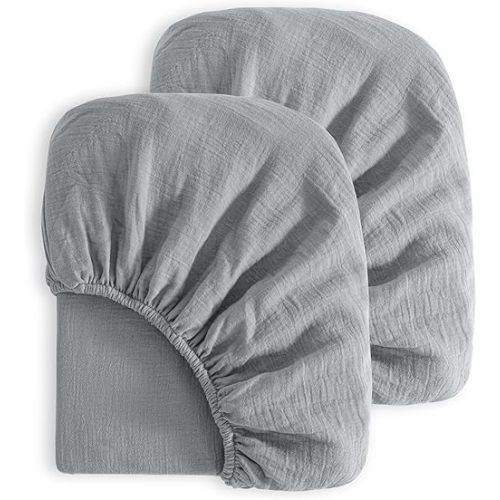 NTBAY 2 Pack Muslin Cotton Crib Sheets, Soft and Breathable Double Layer 28x52 Baby Crib Sheets for Standard Crib and Toddler Mattresses, Boys, Girls, Unisex, Grey, 28x52 Inches