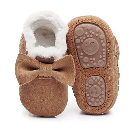 HONGTEYA Baby Moccasins with Fur Fleece Rubber Soles Warm Snow Boots Leather Baby Shoes for Boys Girls…
