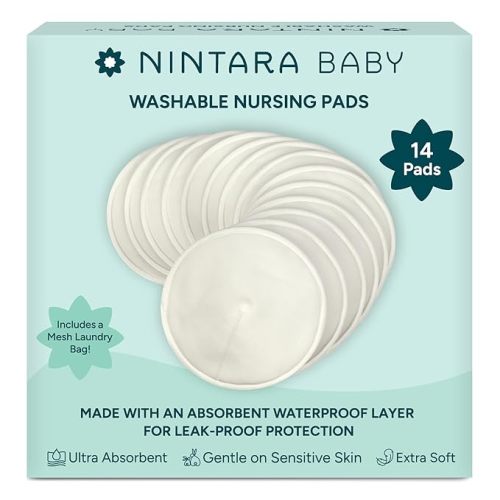 Nintara Baby Reusable Nursing Pads – 4-Layer Organic Bamboo Cotton, Ultra-Soft, Absorbent & Leak-Proof, Contoured Comfort Fit, Pack of 14 with Laundry Bag