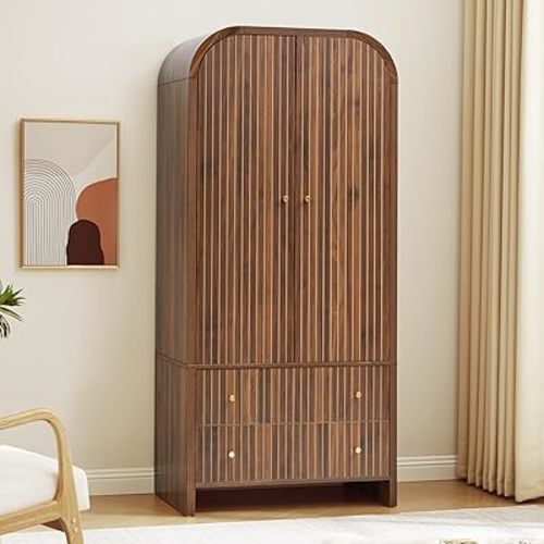 LEVNARY Arched Armoire Wardrobe Closet, Mid-Century Modern 2-Door Freestanding Wardrobe with Hanging Rod and 2 Drawers, Fluted Carved Clothing Storage Cabinet for Bedroom (Walnut)