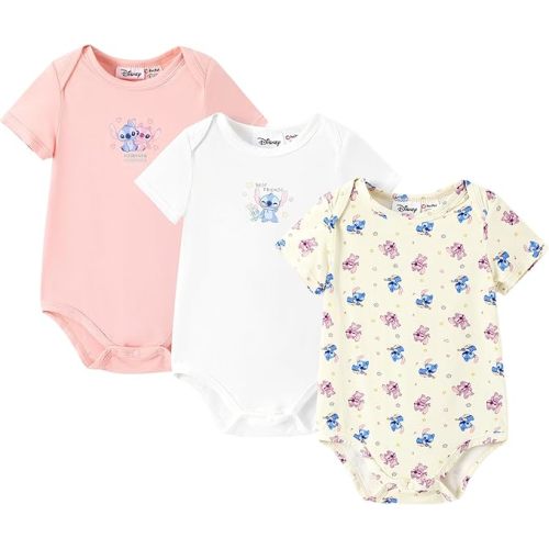 Disney Stitch Princess Marvel 3 Packs Baby Viscose Made from Bamboo Button Dwon Bodysuit for Newborn Infant