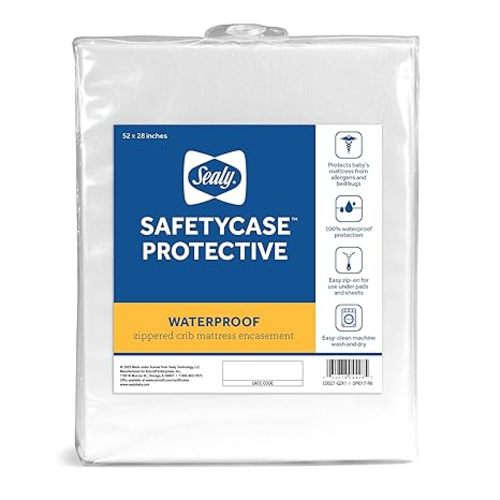 Sealy Baby SafetyCase Breathable Waterproof Crib Mattress Protector Pad, Toddler Bed Cover, Zippered Bedding Encasement, Noiseless, Machine Washable / Dryer Friendly, 52x28” - White