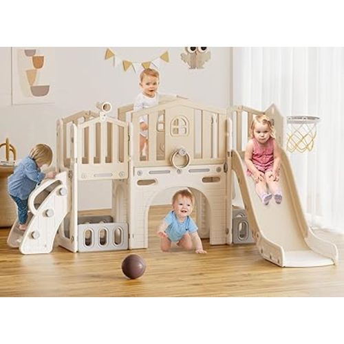 XJD 9 in 1 Toddler Slide Set, Kids Slide for Toddlers Age 1+, Toddler Climber Slide PlaySet with Basketball Hoop and Ball,Outdoor Indoor Playground for Toddlers 1-3 (Beige)