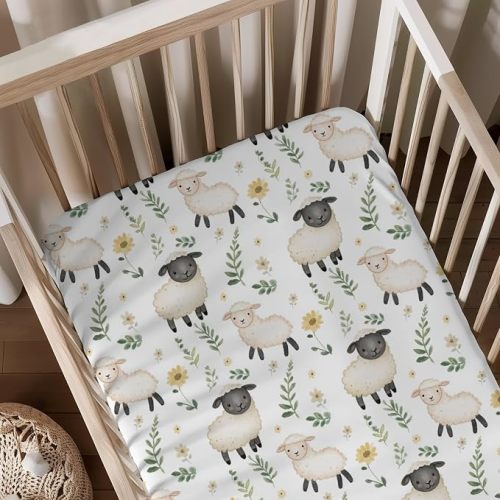 Watercolor Cute Sheep Flowers Leaves Pattern Baby Sheets for Crib, Unisex Farm Animals Nursery Fitted Bed Sheet for Boys Girls Standard Crib and Toddler Mattress-28x52