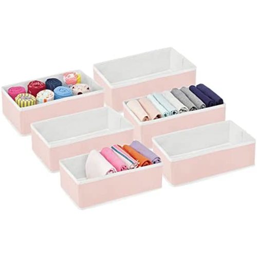 mDesign Rectangular Soft Fabric Dresser Drawer and Closet Storage Organizer Bin for Lingerie, Bras, Socks, Leggings, Clothes, Jewelry, Scarves - Textured Print - 6 Pack - Pink/White