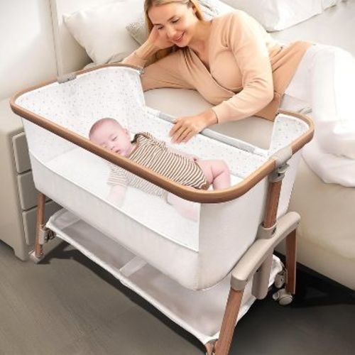 Motherly Haven Baby Bassinet Bedside Sleeper, Portable Crib for Newborns, Adjustable 7-Height Auto-Lock, with Wheels, Soft Mattress & Breathable Mesh