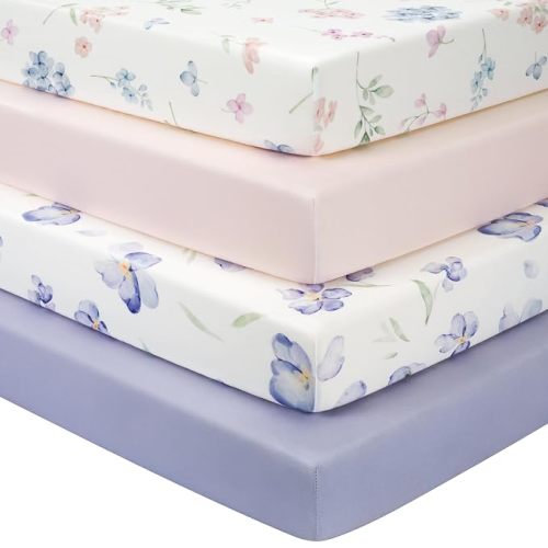 Baby Crib Sheets Girl, Toddler Bed Sheets Fitted for 52”x28”Standard Crib and Toddler Mattresses, 4 Pack Soft Breathable Stretchy Pink Purple Floral