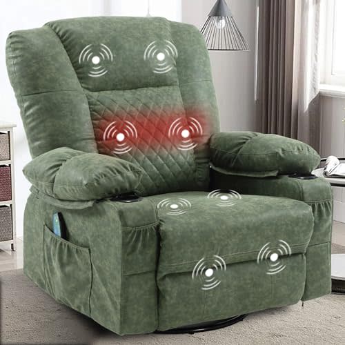 Massage Recliner Chair with Heat, PU Leather Swivel Rocker Recliner for Adults, Overstuffed Rocking Recliner with Cup Holders, Modern Manual Single Sofa for Living Room (Dark Green)