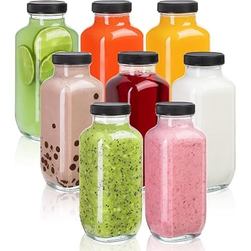 Juice Bottles with Lids, 16 Oz - Set of 8 - Clear Glass Jars with Caps - Reusable Empty Drink Containers for Juicing, Smoothies, Water, Milk, Kombucha Storage, Wellness Shots and More (8)