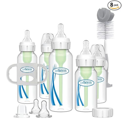 Dr. Brown's Natural Flow Anti-Colic Options + Narrow Bottle to Sippy Gift Set with Soft Silicone Sippy Spout, Removable Silicone Handles, Travel Cap and Bottle Brush
