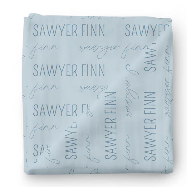 Personalized Baby Name Swaddle Blanket | Caden Lane/ light dusty blue color