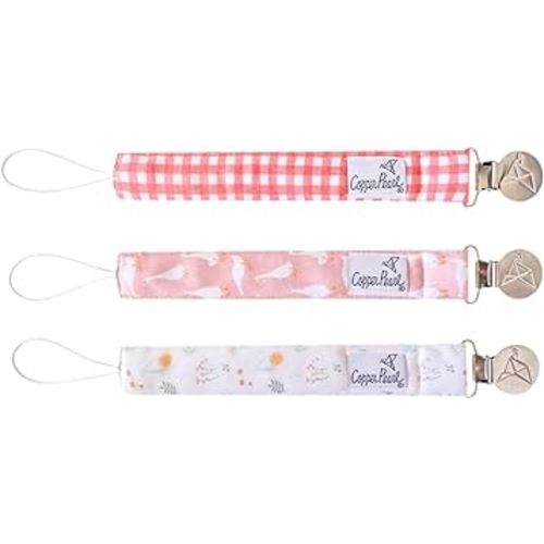 Copper Pearl Pacifier Clip 3-Pack: Premium Knit Binky Clips for Baby Girls and Boys - Stylish Stainless Steel Pacifier Holder Clip - Baby Pacifier Clips for No More Floor Drops - Goosie