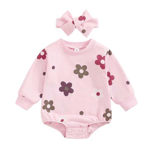 Baby Girls 2Pcs Buble Romper Floral Flowers Print Round Neck Long Slee – August + Willow