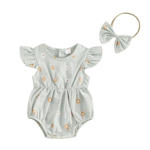 FOMOYUU Newborn Baby Girls Daisy Printed Clothes Pleated Ruffled Sleeve Bubble Romper Cute Summer Outfit with Headband