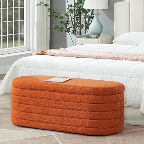 Ball & Cast Storage Bench, Upholstered Oval Ottoman, End of Bed Stool with Safety Hinge for Bedroom, Living Room, Entryway, Teddy Fabric, Orange