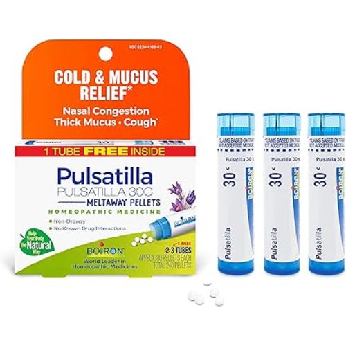 Boiron Pulsatilla 30C Homeopathic Medicine for Relief from Cold, Nasal Congestion, Thick Mucus, and Cough - 3 Count (240 Pellets)