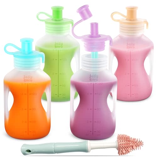 Jelly Ruru Silicone Reusable Baby Food Pouches with Straws, Leakproof Refillable Squeeze Pouches, Dishwasher, Freezer, Microwave Safe, Baby Food Storage for Homemade Puree, Yogurt (one size, Count, 4)