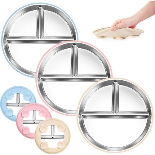Stainless Steel Toddler Plates Silicone Suction,3 Packs Non-Slip Baby Plates,Divided Portion,Food-Grade Silicone Plate for Kids,Non-Toxic Dishwasher Safe,Beige Pink Blue