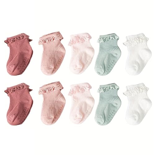 Apone Fatu 5 Pairs Toddler Anti Slip Non Skid Socks Baby Little Girls Lace Flower Stripe Crew Socks