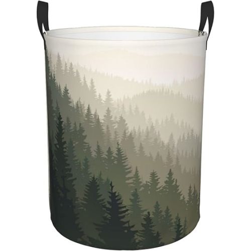 Foggy Mountain Landscape Pine Large Laundry Basket Round Laundry Hamper Storage Basket Collapsible Laundry Baskets With Handles Dirty Clothes Basket Hampers for Bedroom Home Dorm Room Decor