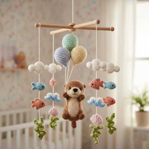 Personalized Crochet Otter Baby Mobile, Seaweed Shell Decor, Neutral Nursery Gift, Under The Sea Baby Crib Mobile, Nursery crib mobile