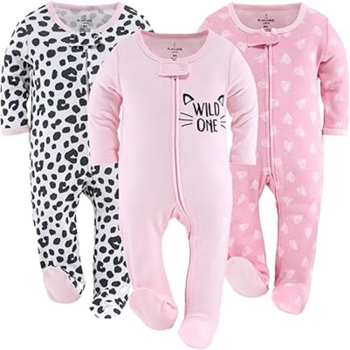 The Peanutshell Footed Sleepers for Baby Girls, Cheetah & Pink Hearts, Newborn to 12 Month