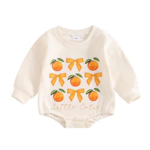 Chloefairy Newborn Baby Girl Bubble Romper Little Cutie Onesie Bowknot Orange Sweatshirt Romper Long Sleeve Bodysuit