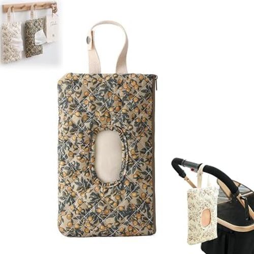 Wipes Dispenser, Floral Quilted Baby Wipe Holder, Pouch Portable Hanging Floral Travel Wet Wipes Bag with Lanyard for Walking, Outdoor Activities, Car, or Home Use (Green)