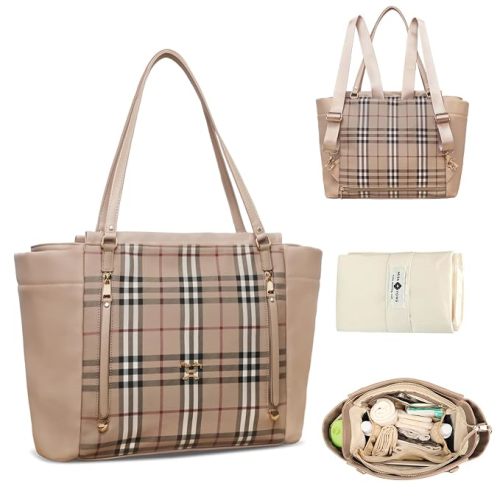 miss fong Checkered Diaper Bag Tote - Leather Diaper Bag Backpack, Large Capacity Mommy Bag Hospital Bag, 12 Pockets Travel Diaper Tote with Changing Pad for Mom Plaid Tote Bag for Women-light brown