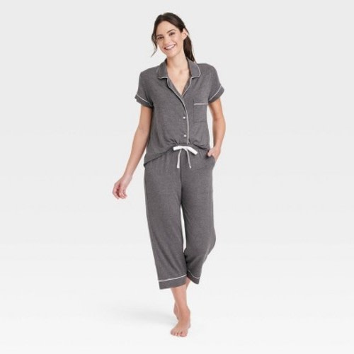 Women's Beautifully Soft Short Sleeve Notch Collar Top and Pants Pajama Set - Stars Above™, Color: Heathered Gray, Size: L