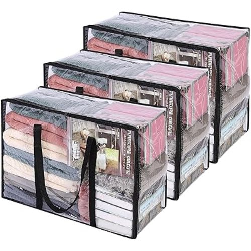 Vieshful 3 Pack Clear Clothes Storage Bag, 40L Plastic Blanket Storage Bag with Zipper, Foldable Closet Organizer, Moving bags for Comforter, Blanket, Bedding, Duvet, Toys