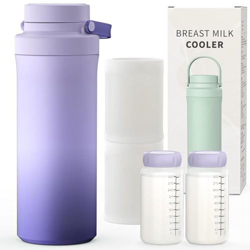 XAPROO 22oz Breast Milk Cooler Bottle, Portable Milk Cooler for Breastmilk with 360°Cooling for 24 Hours, Millk Chiller with 2pcs Baby Bottles, Breastmilk Storage Bags for Baby, BPA-Free (Purple)