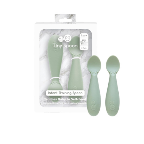 ezpz Tiny Spoon (2 Pack in Sage) - 100% Silicone Baby Spoon for Baby Led Weaning + Purees - 6 Months + - Designed by a Pediatric Feeding Specialist - Baby Essentials & Baby Gifts