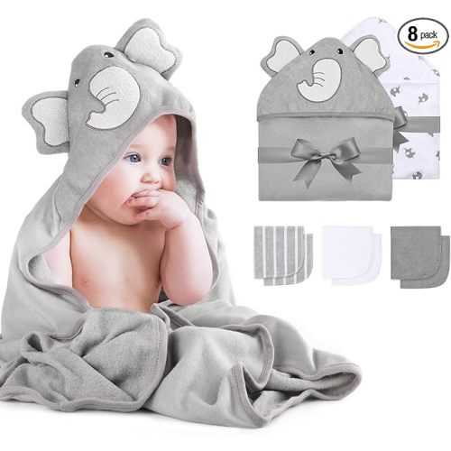 Momcozy Baby Hooded Towel, 8-Piece Bath for Boys or Girls, Washcloth Set with Cute Design, Shower Towel Gift for Newborns, Infants and Toddlers