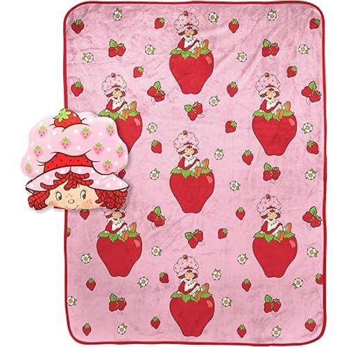 Strawberry Shortcake Pink Strawberries Galore Nogginz Set - 40 x 50 Inch Blanket & Pillow, Kids Super Soft 2 Piece Set