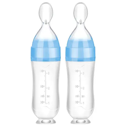 Nuanchu Baby Food Feeder Silicone Squeeze Feeding Spoon Toddler Food Feeder Dispensing Spoon Suction Cup Design Feeder (Blue)