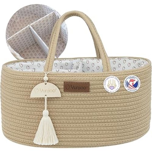 Diaper Caddy Organizer, Boho Diaper Bag Tote for Changing Table Necessities and Baby Essentials Must Haves for Newborn, Car Caddy Organizer, Portable Storage Basket for Boy or Girl, Cream