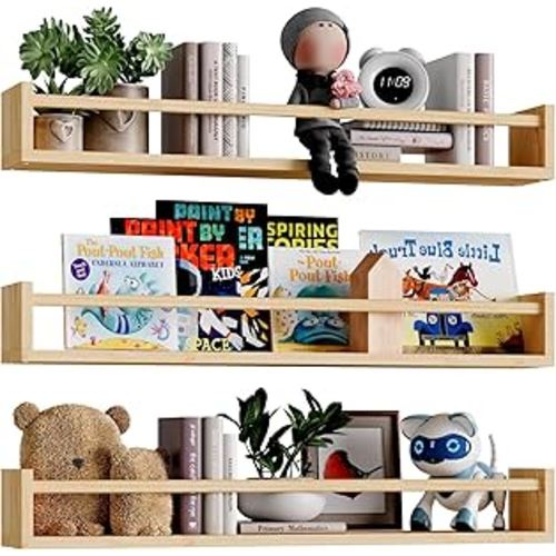 Fixwal Nursery Book Shelves, 23.6 Inch Floating Bookshelves for Wall Set of 3, Baby Nursery Decor, Solid Wood Wall Mounted Shelves for Books, Toys and Decor Storage (Natural Wood)