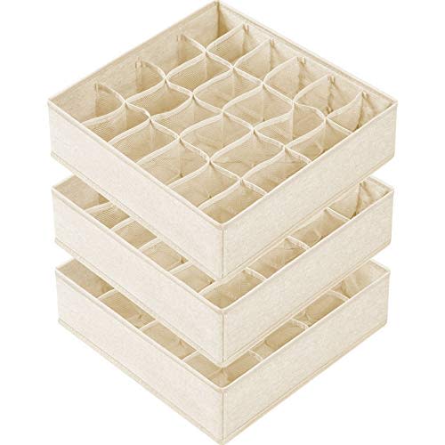 Criusia 3 Pack Sock Underwear Drawer Organizer Dividers, 64 Cell Fabric Foldable Cabinet Dresser Closet Organizers and Storage Boxes for Organizing Socks, Underwear, Ties (16+24+24 Cell, Beige)