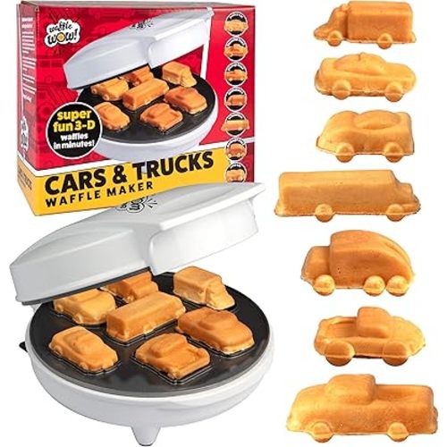 Car Mini Waffle Maker- Make 7 Different Race Cars Trucks & Automobile Vehicle Shaped Pancakes for Kids Adults- Electric Waffler Iron w Recipe Guide, NonStick Pan Cake Baker Machine- Fun Gift for Him