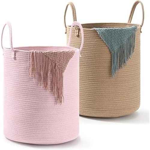 2-Pack Large Cotton Rope Laundry Baskets – 15"x18" Extra Tall Baby Nursery Hampers for Dirty Clothes, Blankets, Toys & Storage – Pink & Jute Decorative Woven Bins for Girls’ Room or Laundry Room