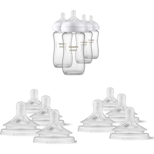 Philips AVENT Glass Natural Baby Bottles, Clear, 8oz, 4pk with Natural Response Nipples - Flow 3 (1M+), Flow 4 (3M+), 4pk each