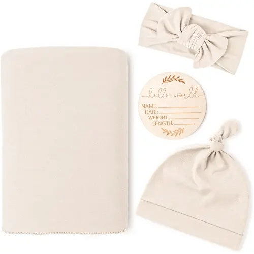 Konssy Baby Girl Newborn Receiving Blanket with Matching Headband and Beanie Set Baby Swaddle Nursery Swaddle Wrap