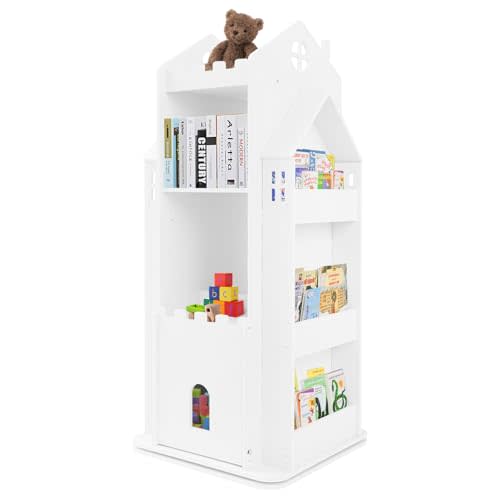 DreamRcoach Rotating Bookshelf Kids, 3 Tier 360°Rotating Castle Bookshelf, Toy Storage Organizer Suit for Children's Rooms, Kindergarten Classrooms, Children's Activity Centers(White)