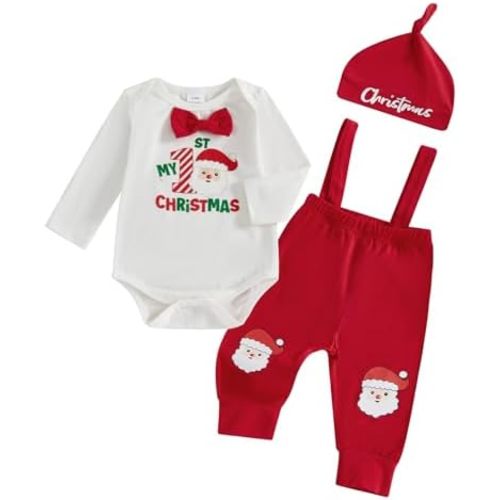 My 1st Christmas Newborn Baby Boy Clothes Print Long Sleeve Romper Bodysuit Overalls Pants Hat Set 3Pcs Fall Outfit