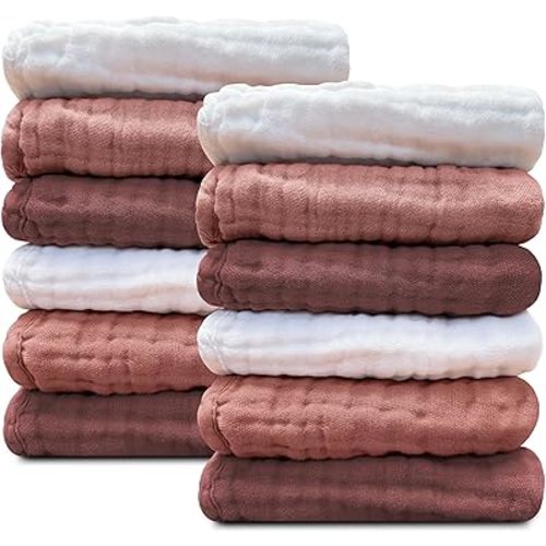 Sunny zzzZZ Baby Muslin Washcloths -100% Cotton Muslin Soft Baby Bath Wash Cloths and Absorbent Burp Cloths for Newborns Kids Girls and Boys -12 Pack, 12x12 Inches - White+Deep Bean Paste Series