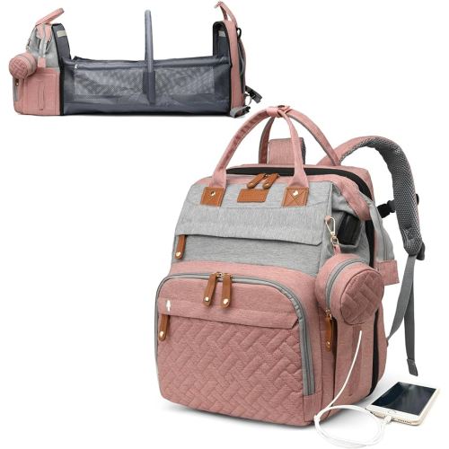 Baby Diaper Bags with Changing Station, Waterproof Diaper Bag Backpack for Moms Dads with USB Charging Port, Baby Shower Gifts, Large Capacity diaper backpack, Grey Pink