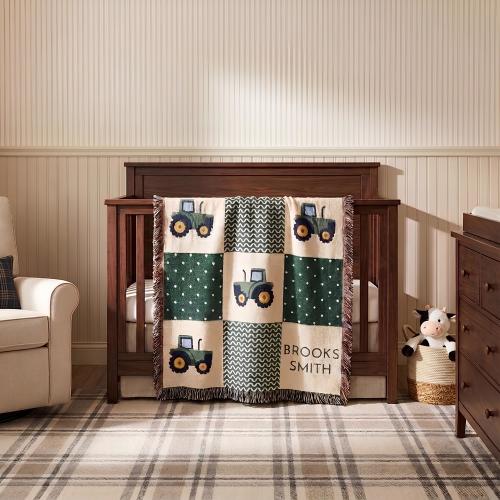 Personalized Tractor Baby Blanket: Green Farm Nursery Decor, 100% Cotton Woven