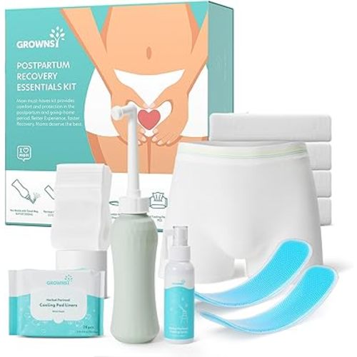 Grownsy Postpartum Essentials, Postpartum Kit for Labor & Delivery | Includes Upside Down Peri Bottle, Perineal Spray, Cooling Pad Liners, Ice Packs & Disposable Underwear (For Mom-Basic)